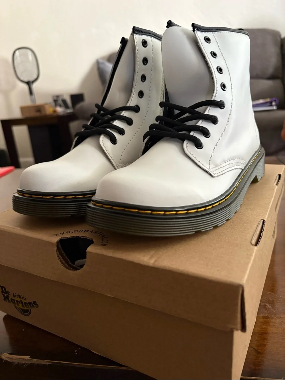 Dr. Martens Kids White Lace-Up 1460 Boots with Black Laces